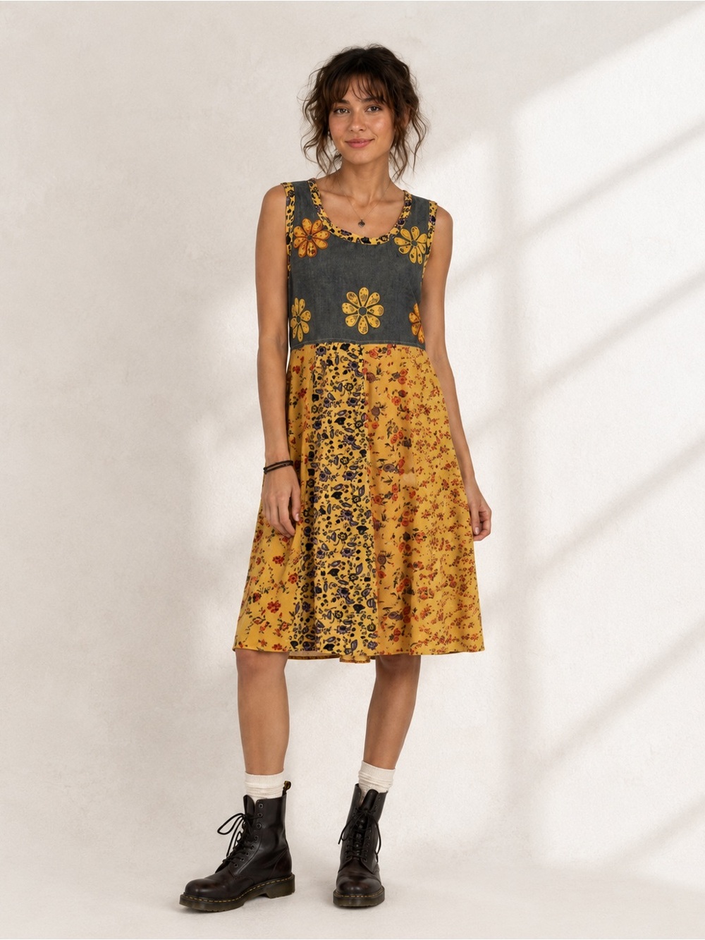 Vintage Raindrops Patchwork Floral Dress 90s Boho Grunge Cottagecore Tie Back M